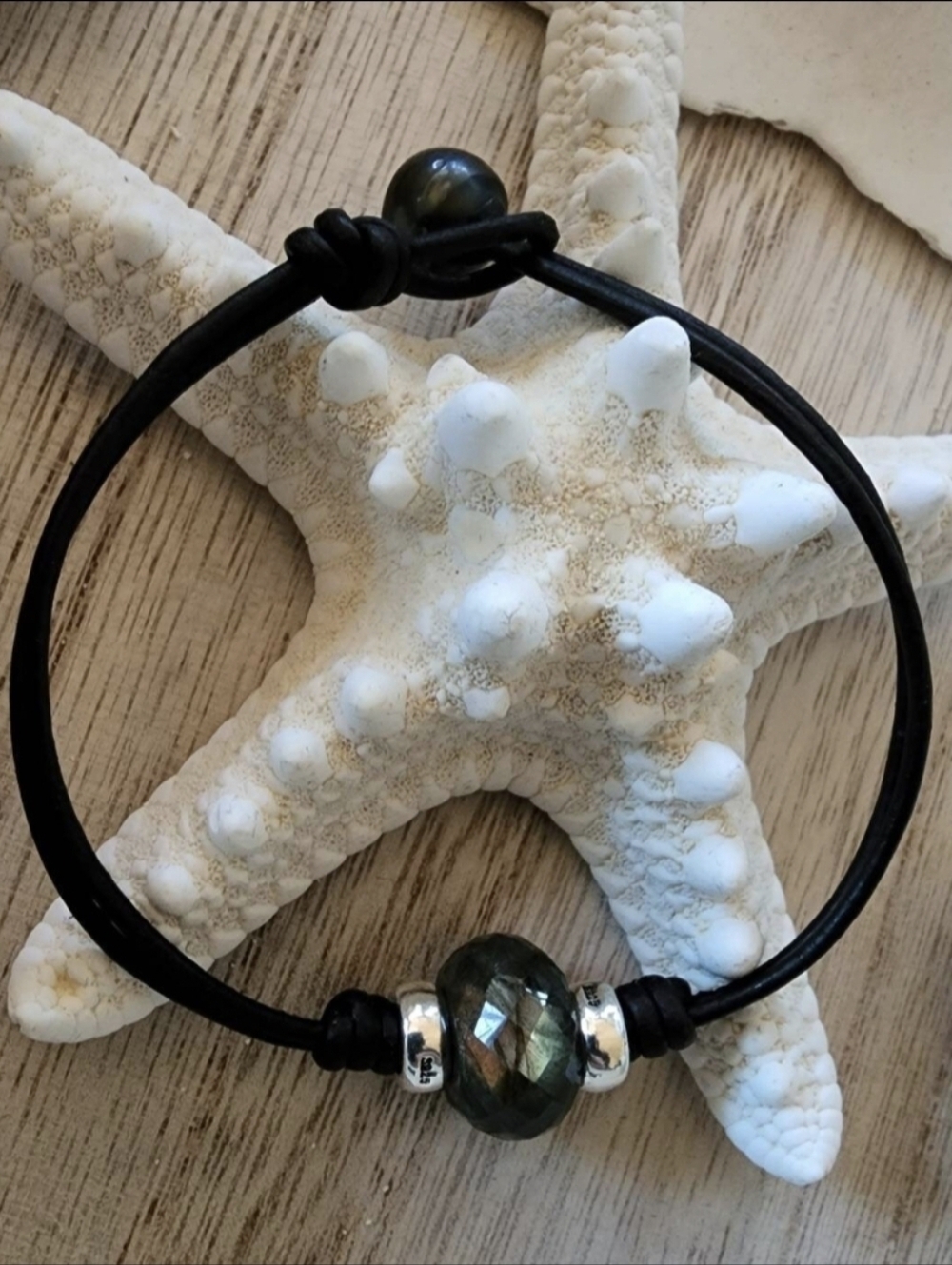 Bracelet labradorite bead bangle sterling silver black natural Tahitian Pearl